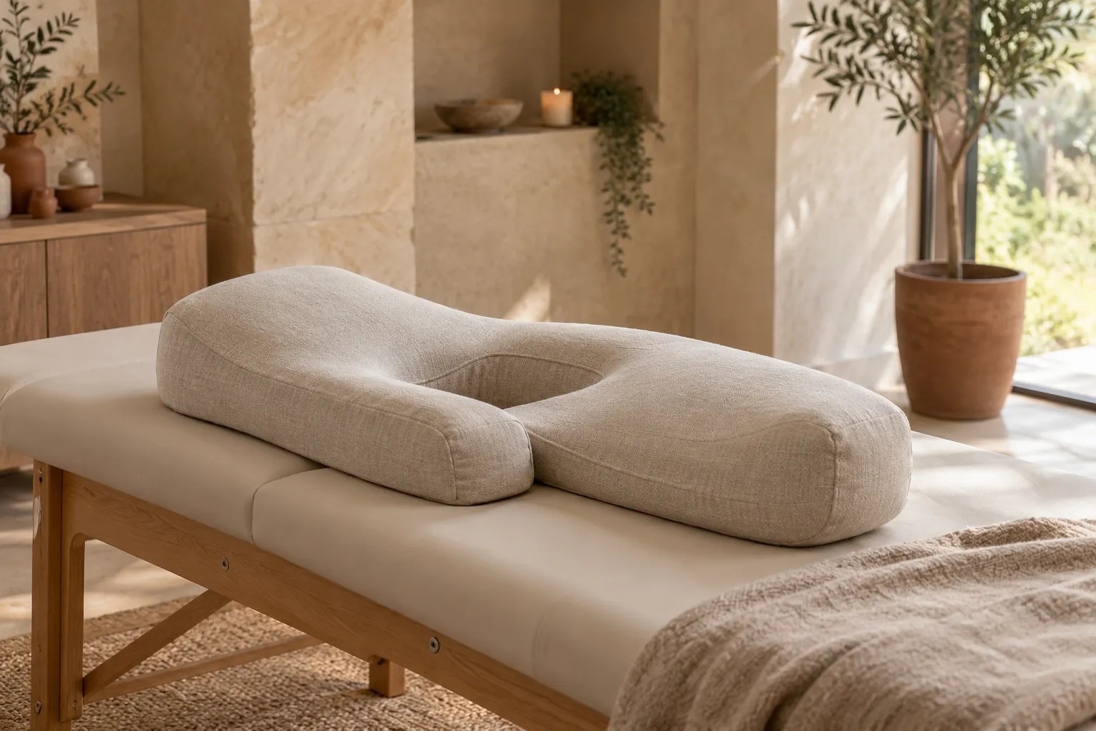 Long curved pregnancy support pillow on a padded treatment table