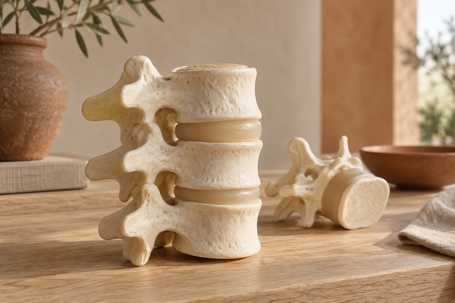 Close detail of an anatomical model showing stacked vertebrae and discs